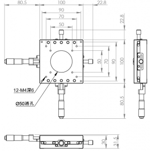 薄型100mm交叉滾子XY手動平移台/中心50mm通孔